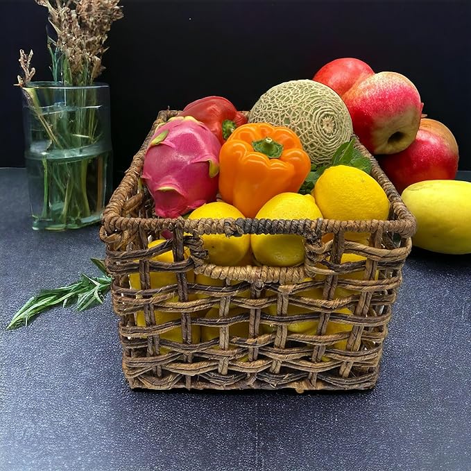 Handwoven Abaca Wicker Basket Set of 3 – 12x10x8 Open Weave Storage Baskets, Natural Woven Bins for Pantry, Bookshelf & Closet Organization, Sustainable Decorative Rattan Design