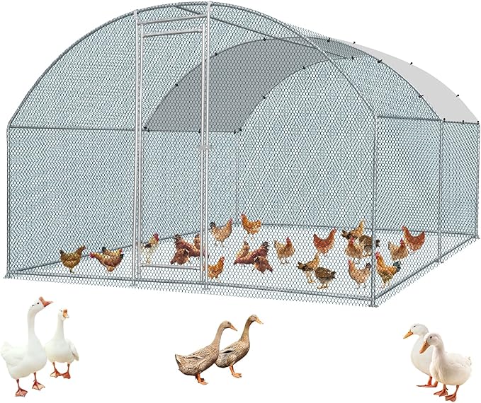 VINGLI Large Metal Chicken Coop, 13.1x9.8 6.5 ft Poultry Cage for Chicken Run, Walk-in Chicken Pen with Waterproof & Anti-UV Cover for Yard Outdoor (Silver-Dome Roof)
