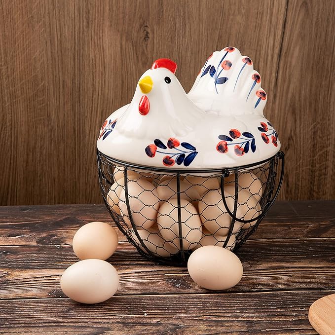 Chicken Design Ceramic Egg Storage Basket Iron Basket Holds 20-25 Eggs, Egg Holder, Organizer Case, Container Egg Basket Holder