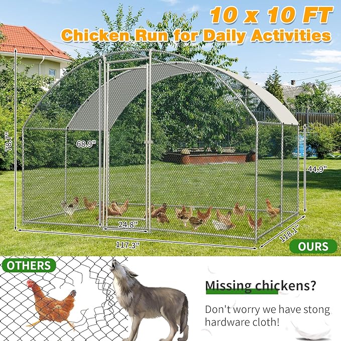 VINGLI Large Metal Chicken Coop, 9.8x9.8x6.5 ft Poultry Cage for Chicken Run, Walk-in Chicken Pen with Waterproof & Anti-UV Cover for Yard Outdoor (Silver-Dome Roof)
