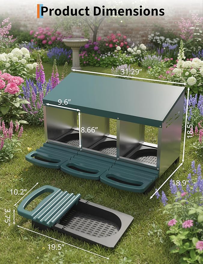 Chicken Nesting Box 3 Hole, Galvanized Steel Nest with Roll Away Egg Collection & Swing Perch, Easy-Clean Laying Box for Hens, Heavy Duty Design for Chicken Coop