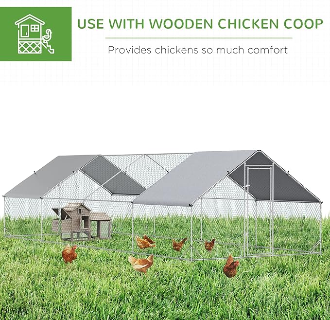 PawHut Large Chicken Coop Metal Chicken Run with Waterproof and Anti-UV Cover, Spire Shaped Walk in Fence Cage Hen House for Outdoor and Yard Farm Use, 1" Tube Diameter, 9.8' x 26.2' x 6.6'