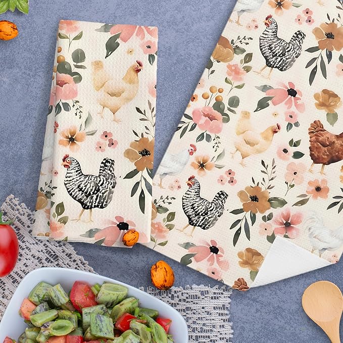 Chicken Kitchen Towels Set of 2,Chicken Gifts for Women, Chicken Mom Lady Gifts, Chicken Gifts for Chicken Lovers, Chicken Floral Hand Towels for Bathroom,16x24 Inch
