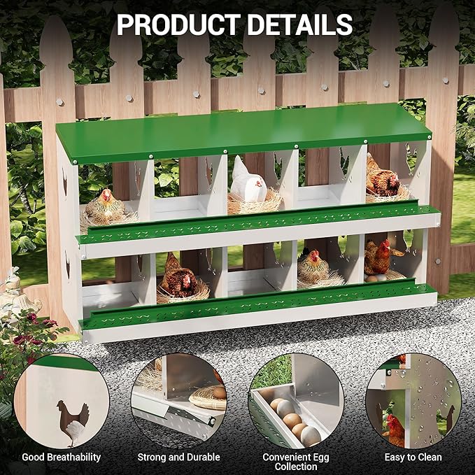 10 Hole Chicken Nesting Box, Galvanized Steel Nesting Boxes with Vented Design, Laying Nesting Boxes for Hens, Wall Mount, Green