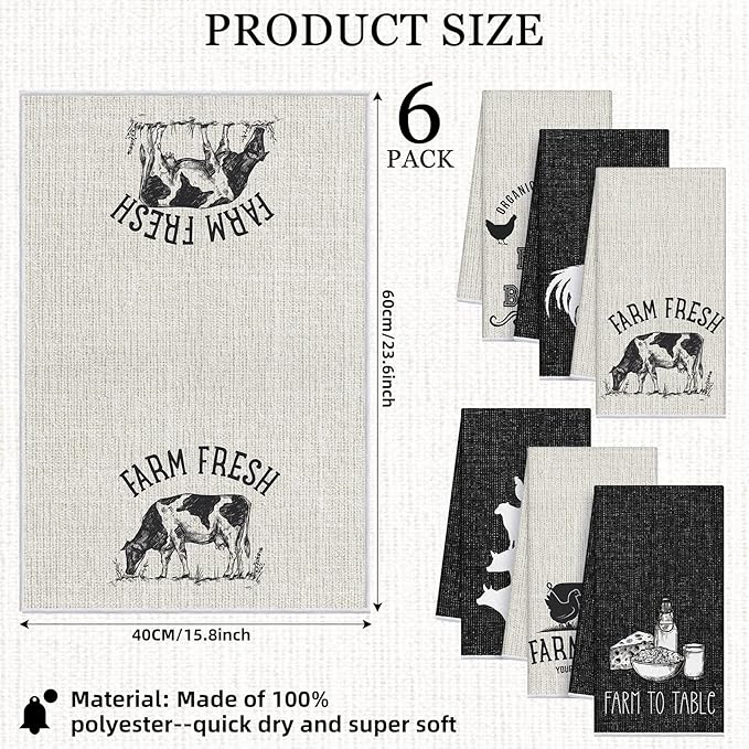 Redbaker 6 Pcs Farm Animal Kitchen Towels Farmhouse Funny Dish Towel Rustic Hand Towels Rooster Cow Pig Decorative Tea Dishcloth Absorbent with Hanging Loop for Kitchen Bathroom Housewarming Gift