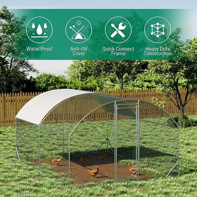 OUYESSIR Outdoor Metal Chicken Coop, Large Walk-in Chicken Run Pen with Waterproof Cover, Rabbit Habitat Dome Roof Dome Poultry Cage for Backyard Farm Use (10'W x 13'L x 6.5'H)