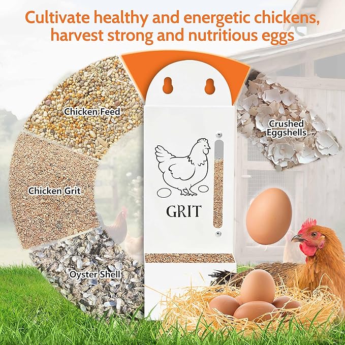 2Pack Chicken Grit and Oyster Shell Feeder, Poultry Feeder with Visual Window, No-Mess Weatherproof, Metal Hanging Gravity Chicken Feeder, Chicken Coop Accessories (Combo-Black/White)