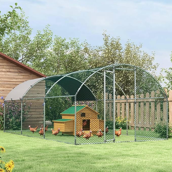PawHut Large Chicken Coop Metal Chicken Run with Waterproof and Anti-UV Cover, Dome Shaped Walk in Fence Cage Hen House for Outdoor and Yard Farm Use, 1" Tube Diameter, 9.2' x 18.7' x 6.5'