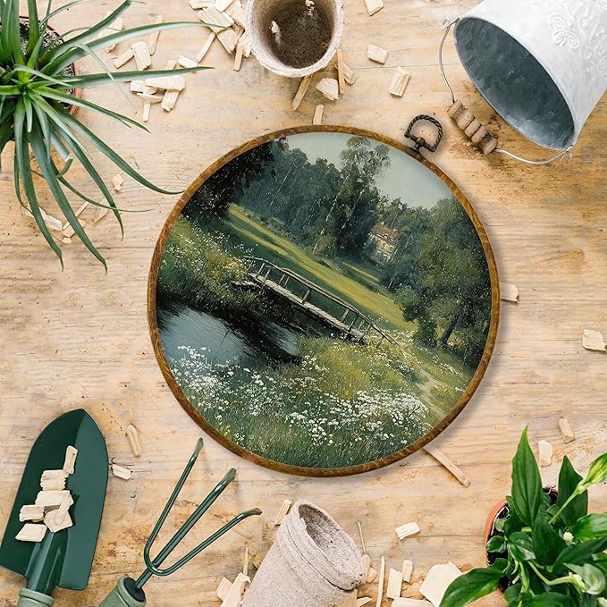 Hiuwevt Rustic Farmhouse Nature Round Wall Art Decor, Vintage Country Wildflower Landscape Framed Canvas Prints, Retro Cottagecore Round Wall Hanging Decor for Home Bedroom Decorations, 10x10 Inches