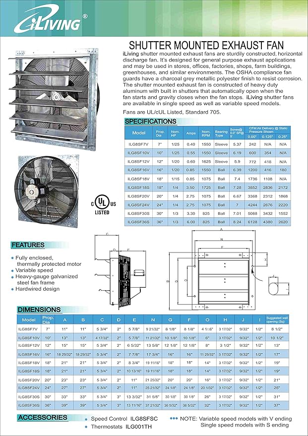 iLiving - 24" Wall Mounted Exhaust Fan - Automatic Shutter - Variable Speed - Vent Fan For Home Attic, Shed, or Garage Ventilation, 4244 CFM, 6200 SQF Coverage Area (Power Cord Not Included)