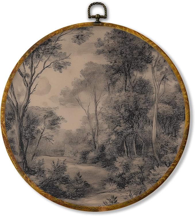 Hiuwevt Landscape Round Wall Art Decor, Vintage Dark Moody Forest Trees Framed Canvas Prints, Antique Rustic Nature Cottagecore Round Wall Hanging Decor for Bedroom Home Decorations, 10x10 Inches