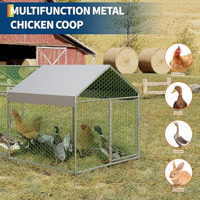 120"x 40"x 40" Large Metal Chicken Coop, Walk-in Chicken Run with Waterproof and Anti-UV Cover, Outdoor Poultry Cage with 3 Doors for Hen Rabbit Duck Goose, Sliver