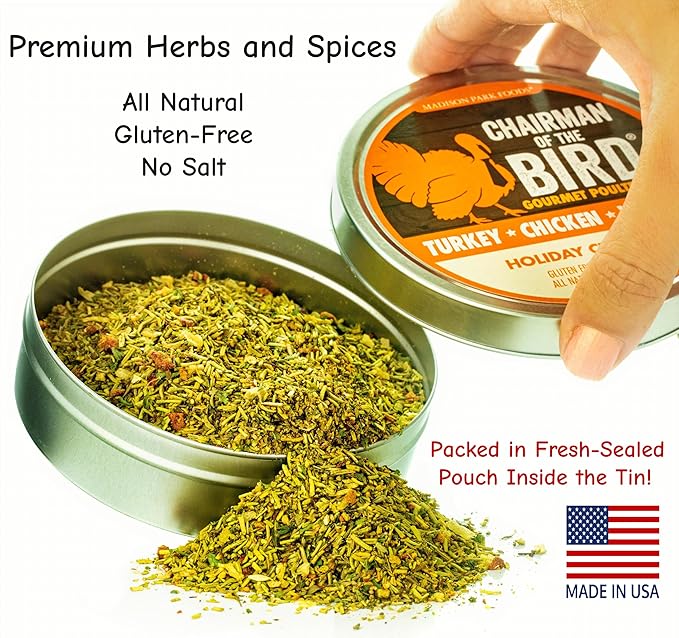 Chairman of the Bird Gourmet Turkey Rub Seasoning – Citrus-Herb Spice Blend – Orange, Cranberry, Rosemary, Sage – Roast, Grill, Smoke – Natural, Gluten-Free, No Salt - 2oz Fresh-Sealed Pouch in Tin