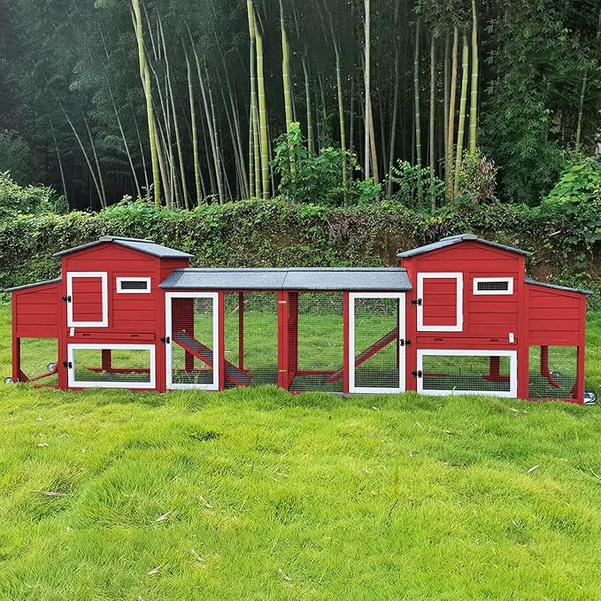 PetsCosset 136" Chicken Coop with Wheels, Backyard Wooden Hen House Outdoor for 1-6 Chickens, 2 Story Poultry Cage Chicken Coop and Run, Nesting Box, Pull Out Trays, Set of Two, (Red)