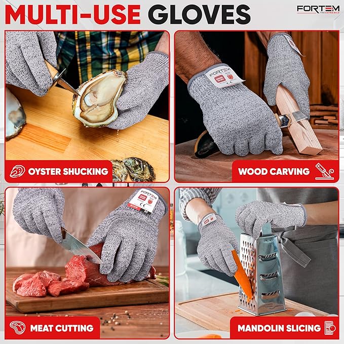 FORTEM Cut Resistant Gloves, 4x, Level 5 Protection Cutting Gloves For Oyster Shucking, Kitchen Work, Food Grade