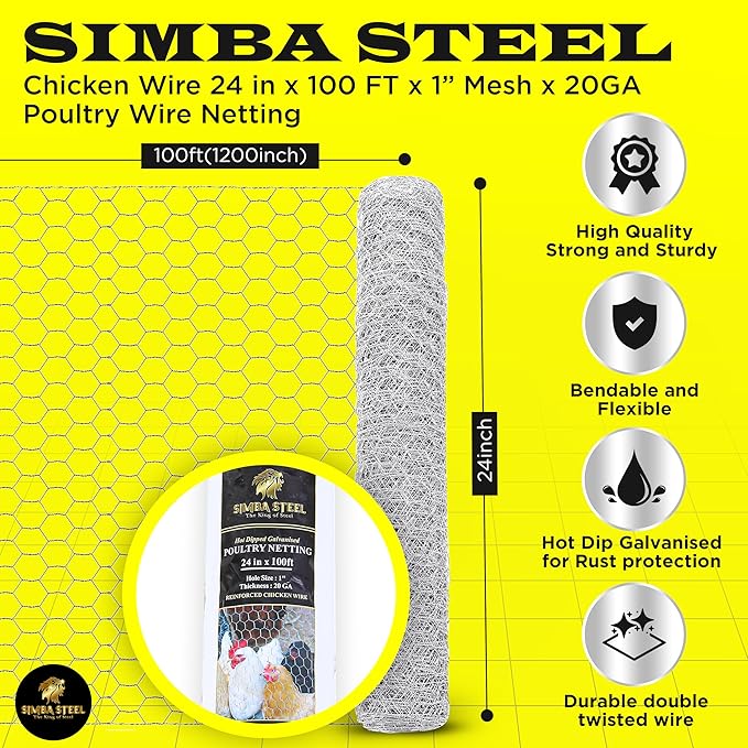 Chicken Wire 24 in x 100 FT x 1” Mesh x 20GA | Poultry Wire Netting | Hot Dipped Galvanised | Hexagonal Galvanized Mesh for Chicken Coop, Rabbit Fence (PM 24 x 100)