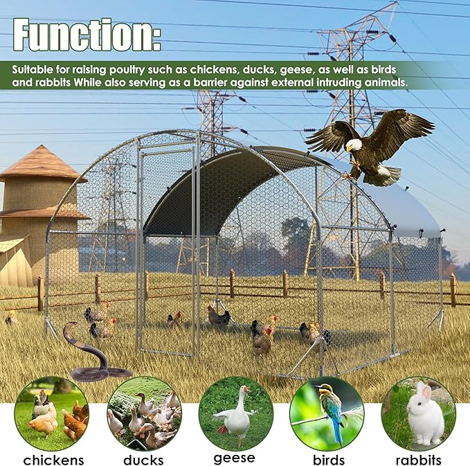 Metal Chicken Coop Run Large Chicken Coop for Yard with Cover Coupe Heavy Duty Poultry Cage for Outside with Waterproof Anti-UV Cover for Outdoor Farm Use Dome Roof Hen House Duck Pen Rabbit Cage