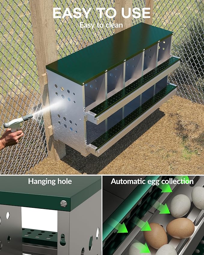 10-Hole Galvanized Metal Chicken Nesting Box with Egg Collection Tray/Fake Training Eggs, Rustproof Poultry Laying Box with Perch Rod,for Chicken Coops and Hens