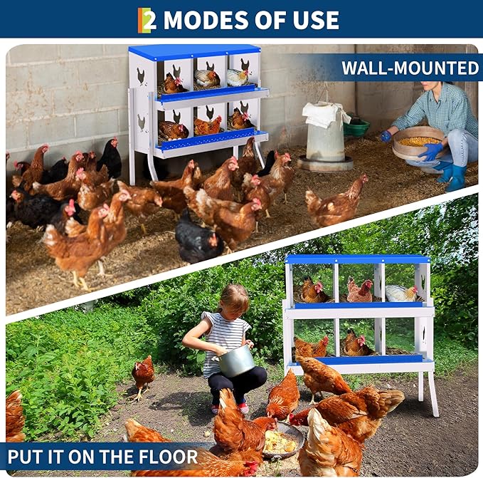 Chicken Nesting Boxes, 6-Hole Roll Away Nest Box for Chicken Coop, Metal Egg Laying Box with Perch & Lid Cover to Protect Eggs, Rollout Egg Collection, Vented Holes-with Legs Blue