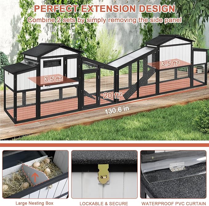 130.6" L Large Chicken Coop and Run, Wooden Hen House for 2-4 Chickens, 2 Story Poultry Cage with Nesting Box, Pull-Out Tray, 4 Perches, Ramp, Indoor/Outdoor Pet Hutch Backyard Use, Black