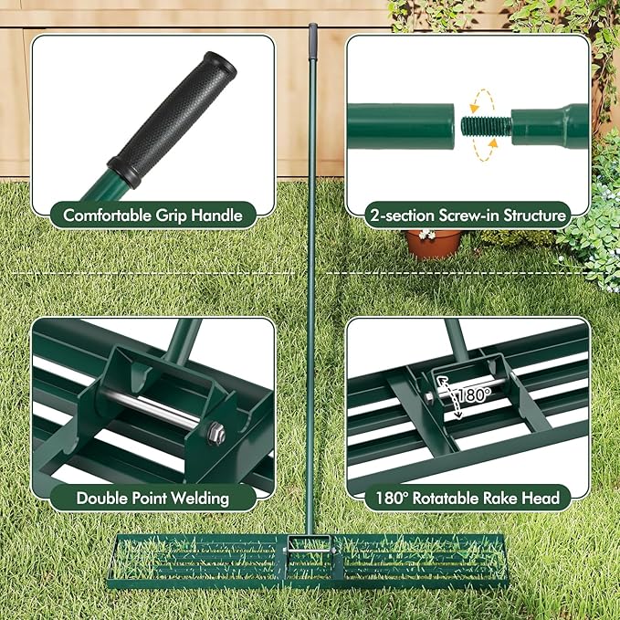 Happygrill Lawn Leveling Rake, Heavy Duty Lawn Level Tool for Soil w/67” Handle, Dirt Ground Leveler, Effort-Saving Landscape Rake for Garden, Backyard, Golf Course, Farm, Pasture (46" x 10", Green)