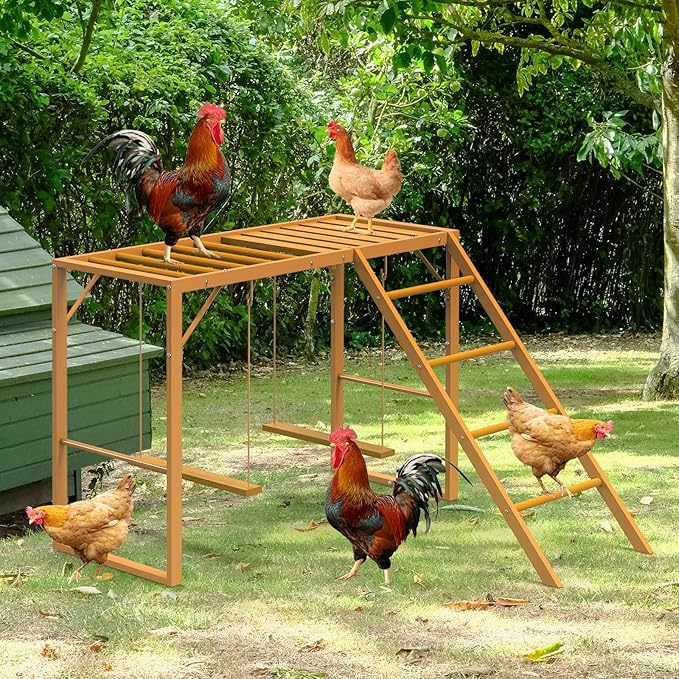 Chicken Perch Swing, Chicken Roosting Bars with Ladder for Coop, Metal Pet Swing Set for Pet's Healthy & Happy for 8-10 Chick, Yellow