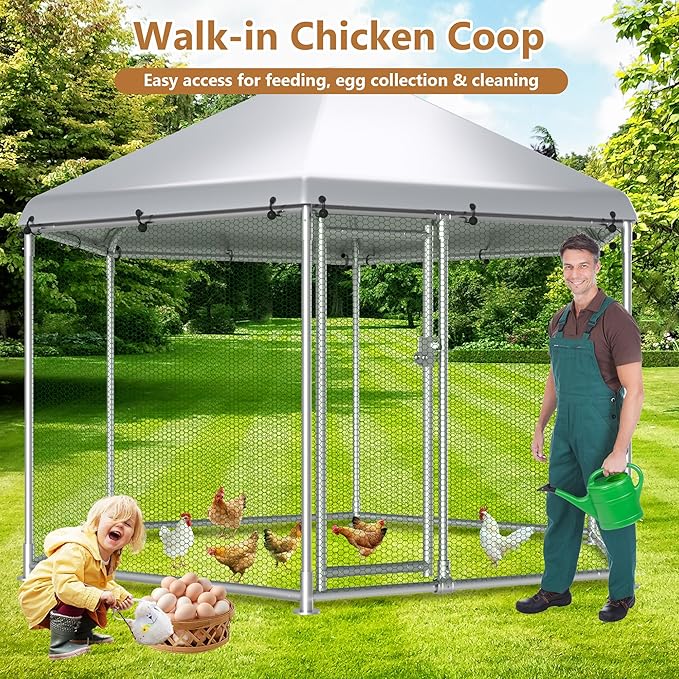 Large Metal Chicken Coop Run, 13 ft Hexagon x 8.6 ft H Chicken Runs for Yard with Cover, Outdoor Walk-in Chicken Pen for 12–20 Hens, Anti-Rust Poultry Cage with Stable Wind-Resistant Design