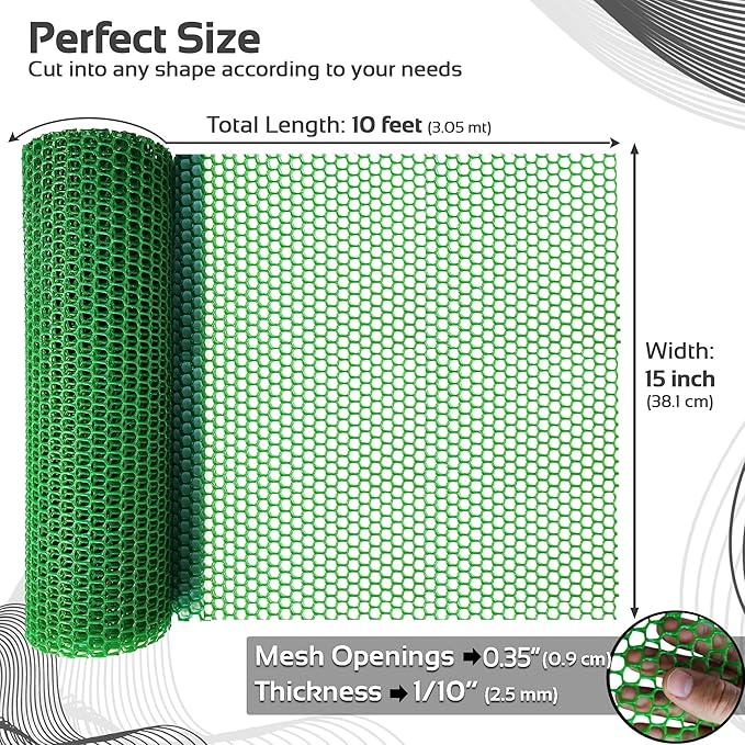QueenBird Green Plastic Wire Mesh Fence 15.7IN x 10FT Roll - Ideal for Poultry, Dogs, Rabbit, Snake Barrier & Gardening - Durable Plastic Chicken Wire Mesh - Versatile Plastic Fencing&Netting Solution