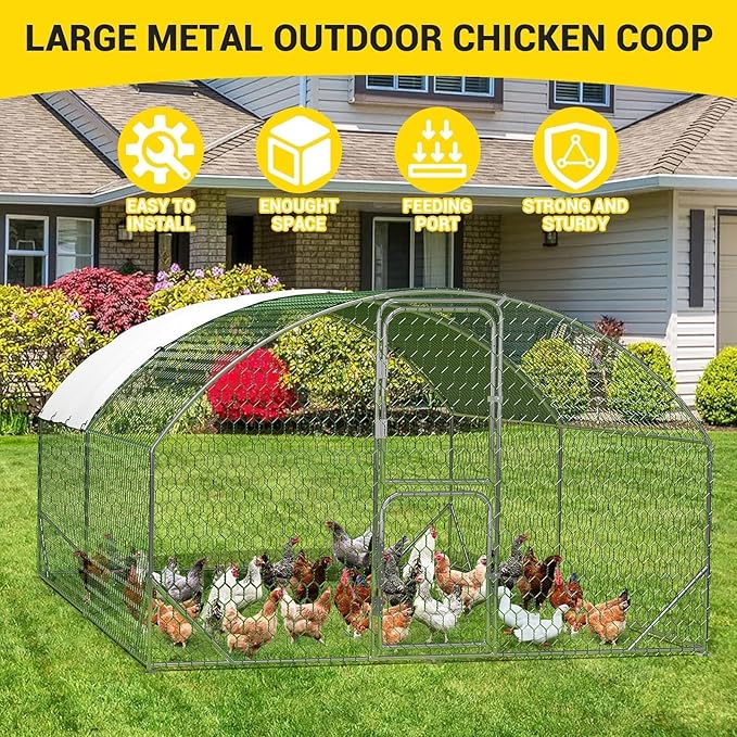 Large Metal Chicken Coop, Walk-In Poultry Cage, Chicken Run Pen House With Reinforcement & Waterproof & Anti-Ultraviolet Cover Chicken Coop Run With Double Lockable Doors for Outdoor 9.8 x 13.1X 6.6ft