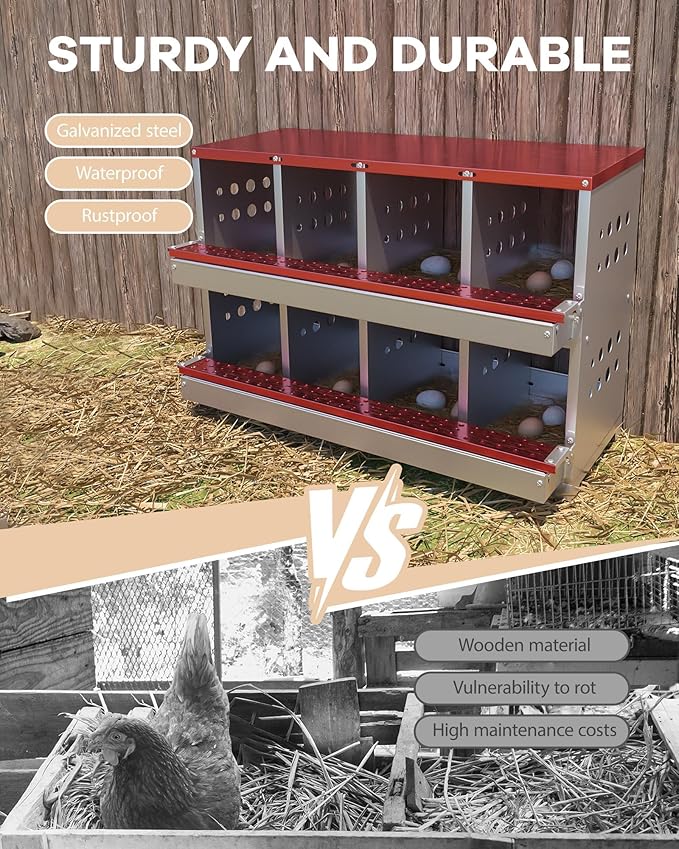8-Hole Galvanized Metal Chicken Nesting Box with Egg Collection Tray/Fake Training Eggs, Rustproof Poultry Laying Box with Perch Rod,for Chicken Coops and Hens