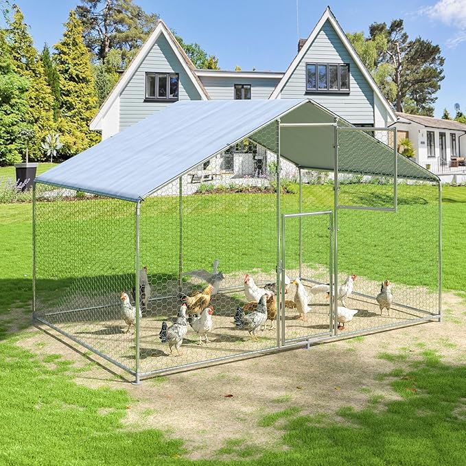 Polar Aurora Metal Chicken Coop, Large Outdoor Chicken Pen, Walk-in Chicken Run for 6-20 Chickens, Double Door Chicken House with Waterproof UV Protection Cover for Backyard (Spire-S)