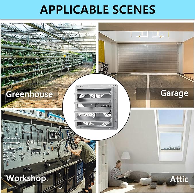 16 Inch Shutter Exhaust Fan, Aluminum Wall Mounted Exhaust Fan, 2060 CFM High Speed Automatic Shutter Attic Fan, Vent Fan For Greenhouse,Shed,Shop,Garage