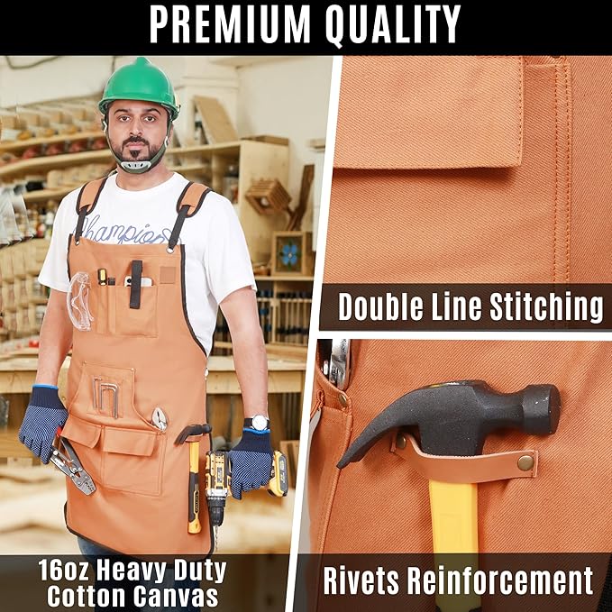 Woodworking Apron for Men - 9 Reinforced Pockets Durable Canvas Padded Cross Straps - Woodworking Gifts for Men