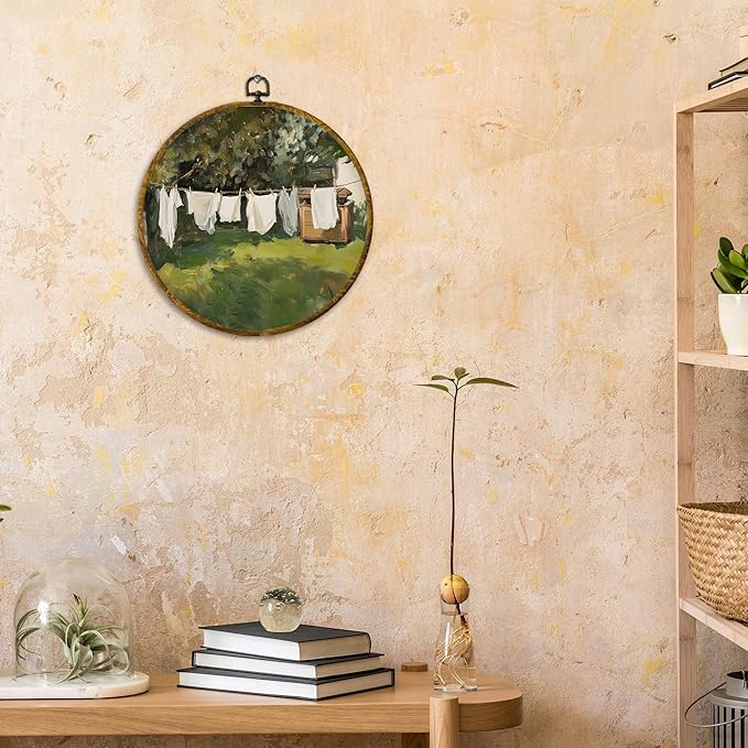CUANFDDSF Vintage Rustic Farmhouse Round Wall Art, Country Laundry Day Framed Hanging Wall Decor, Retro Cottagecore Landscape Canvas Prints Decorations for Washroom Bathroom Laundry Room, 10x10 Inch