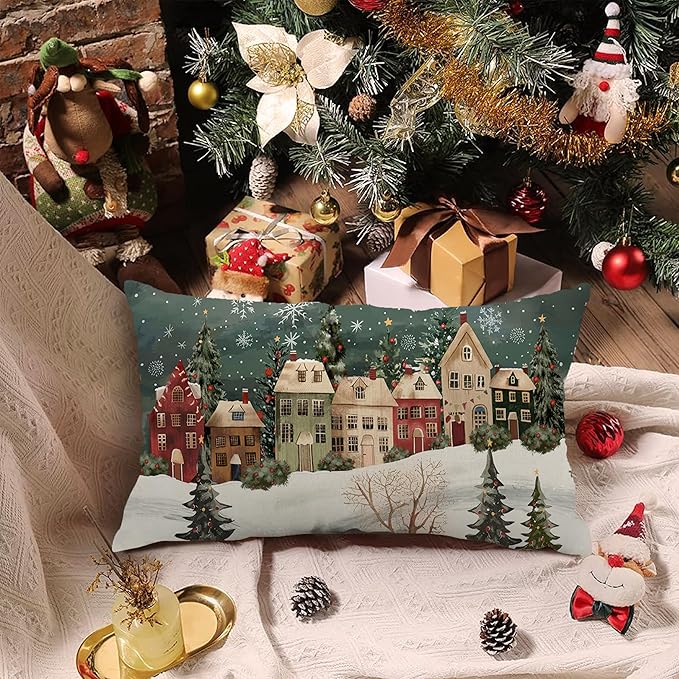 Christmas Lumbar Pillow Cover 12x20 Inch Green Wonderland Forest Tree House Decoration Holiday Farmhouse Pillow Case Decor for Home Sofa Couch