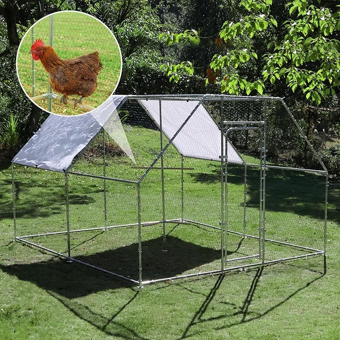 Large Metal Chicken Coop 9.8 x 9.8 x 6.6 ft Walk in Chicken Runs for Yard with Cover & Perch, Chicken House for Duck Rabbit, Chicken Pen for Outdoor Backyard