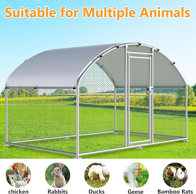 HITTITE Large Metal Chicken Coop with Run, 9.84 x 6.4 x 6.23 ft Walk in Poultry Cage Chicken Run Pen, Dome Roof Outdoor Chicken Runs for Yard with Waterproof & Anti-UV Cover