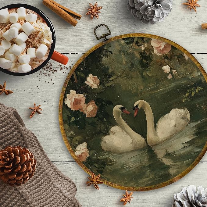 CUANFDDSF Vintage Floral Swan Round Wall Art, Classical Romantic White Swan Framed Hanging Wall Decor, Cottagecore Elegant Animal Canvas Prints Decorations for Home Bedroom Living Room, 10x10 Inch