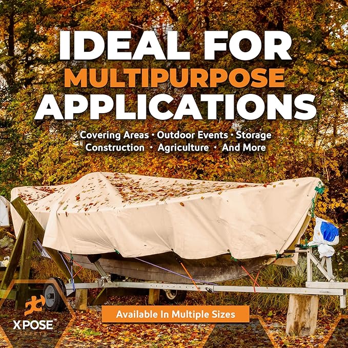 Heavy Duty Tan Poly Tarp 100' X 100' - Multipurpose Protective Cover - Durable, Waterproof, Weather Proof, Rip and Tear Resistant - Extra Thick 12 Mil Polyethylene - by Xpose Safety