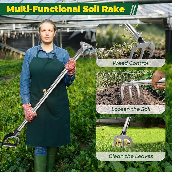 Manual Garden Rake Heavy Duty, Adjustable Handle 3 Tines Garden Cultivator Rake with D-Type Grip for Digging, Weeding, Loosening,Ergonomic Garden Tool