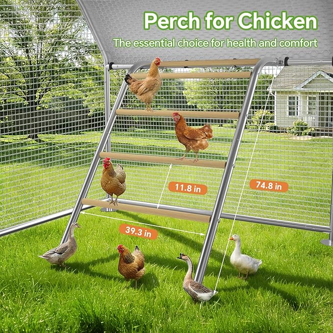 Large Metal Chicken Coop Run with Roosting Perch, Outdoor Poultry Cage with Heavy Duty Wire Mesh and UV-Resistant Cover for Chickens Use, Spire Roof (8.9'W x11.8'L x 6.6'H)