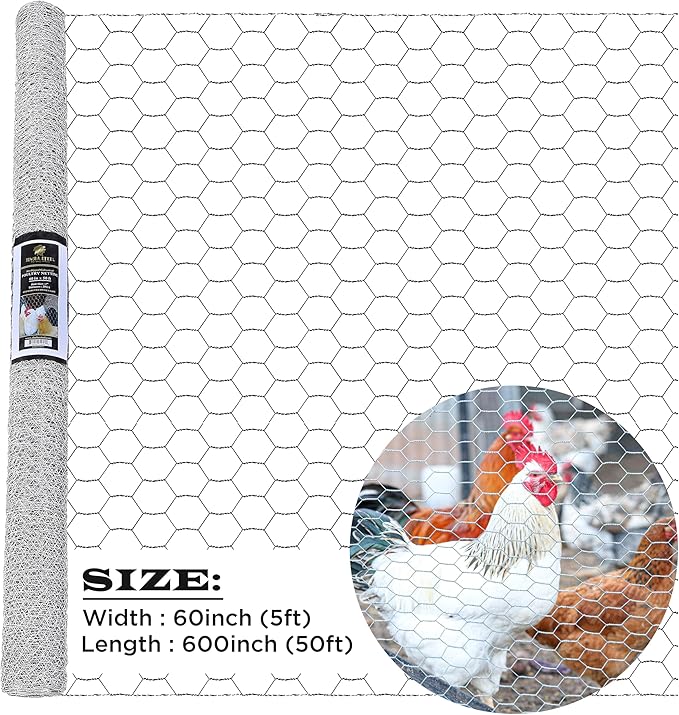 Chicken Wire 60 in x 50 FT x 1” Mesh x 20GA | Poultry Wire Netting | Hot Dipped Galvanised | Hexagonal Galvanized Mesh for Chicken Coop, Rabbit Cage, Fence Barrier