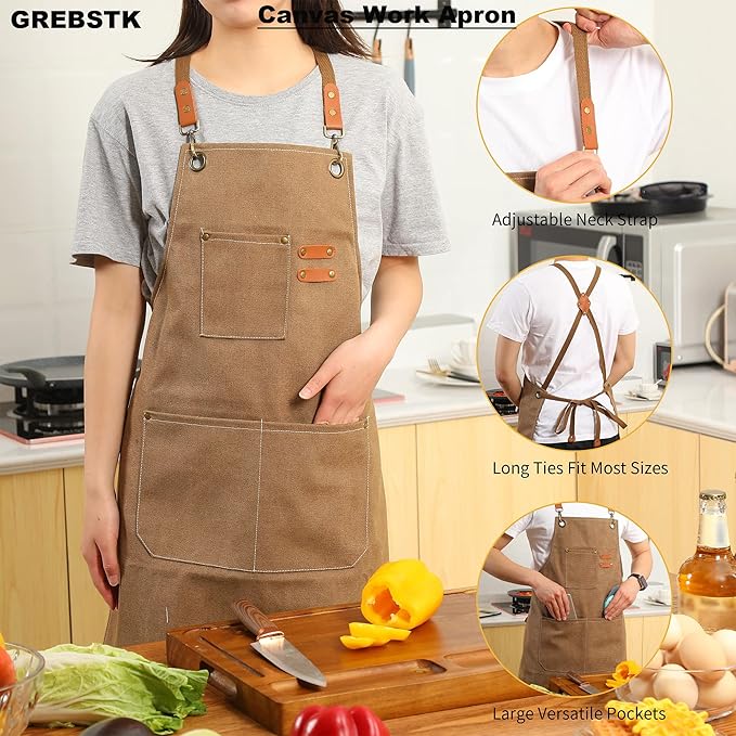 GREBSTK Work Apron Cross Back Adjustable Canvas Tool Apron for Woodworking, Gardening, Cooking