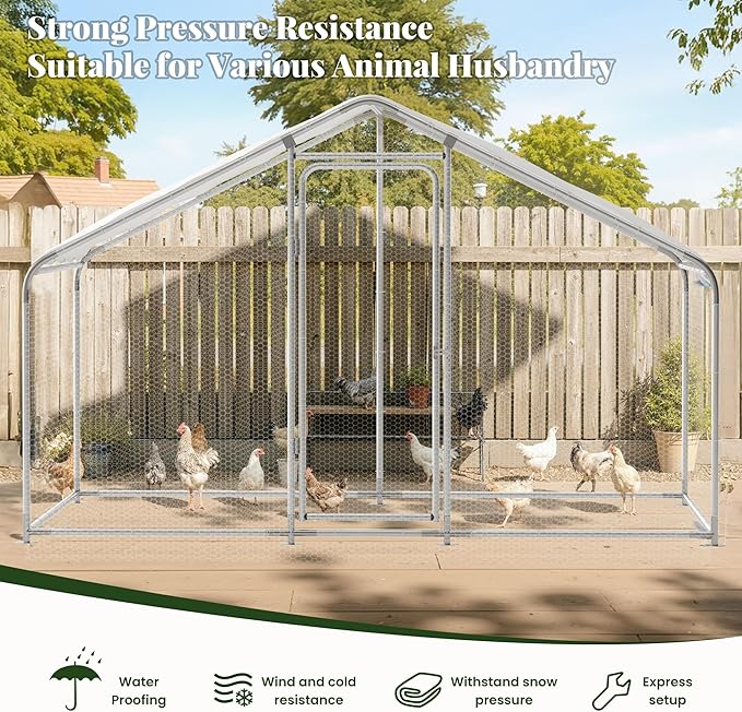 GOJOOASIS Chicken Coop for 15-20 Chickens Large Run Walk-in Poultry Pen Heavy Duty Cage Outdoor Predator Proof Metal Enclosure for Yard Hen House with Waterproof Cover (10'L x 6.6'W x 6.6'H)