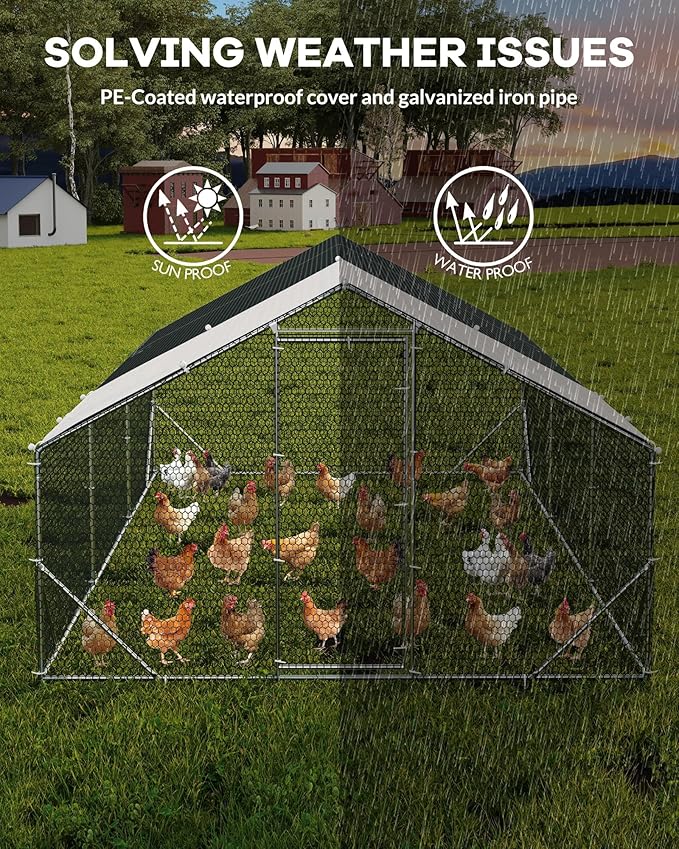 Large Metal Chicken Coop, Walk in Chicken Run with Waterproof & Anti-UV Cover, Spire Roof Large Poultry Cage for Small Animals Yard Farm Patio, 19.68 x 9.84 x 6.56 ft