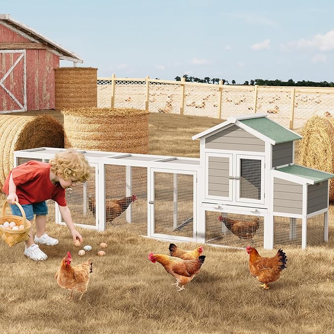 Large Chicken Cage with Waterproof and UV-Resistant Roof, 122" Wooden Chicken Coop with Nesting Box, Sliding Tray & Ramp, Hen House Poultry Cage for Backyard, Farm