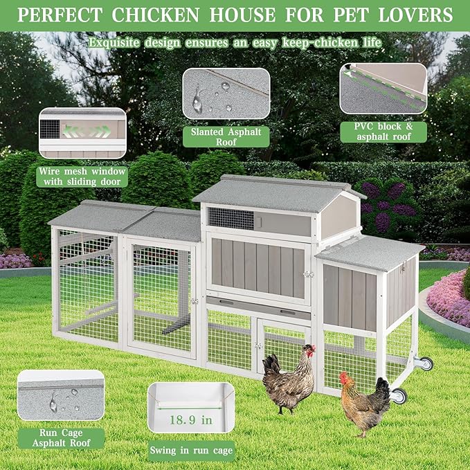 Chicken Coop Mobile Wooden Hen House with Nesting Box,166.4" L Outdoor Chicken House with 4 Wheels and Removable Tray,Fir Wood Chicken Tractor with 12 Ventilation Doors and 2 Ramps,Grey