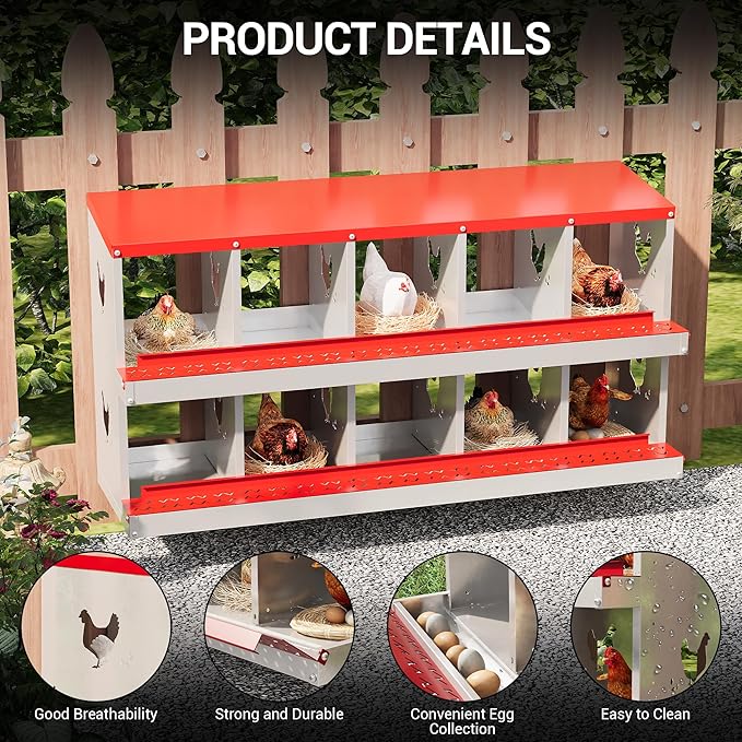 10 Hole Chicken Nesting Box, Galvanized Steel Nesting Boxes with Vented Design, Laying Nesting Boxes for Hens, Wall Mount, Red
