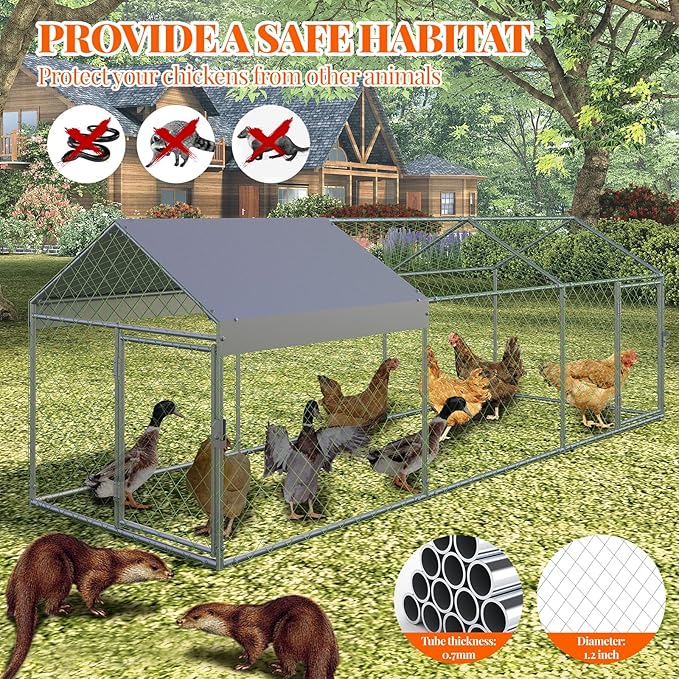 GarveeLife Large Metal Chicken Coop, Chicken Runs for Yard with Waterproof and Anti-Uv Cover, Portable Chicken Coop for Outdoor Chicken Rabbit Duck, Silver, 120 in ×40 in×40 in