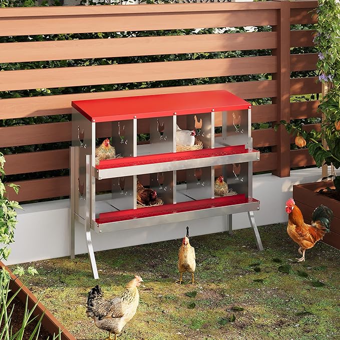 Metal Nesting Boxes for Chickens - 8 Compartments Chicken Roosting Boxes, Chicken Coop Nest Box with Legs, Perch & Lid - Versatile Wall Mount or Free Standing for Backyard Flock, Homestead, Small Farm